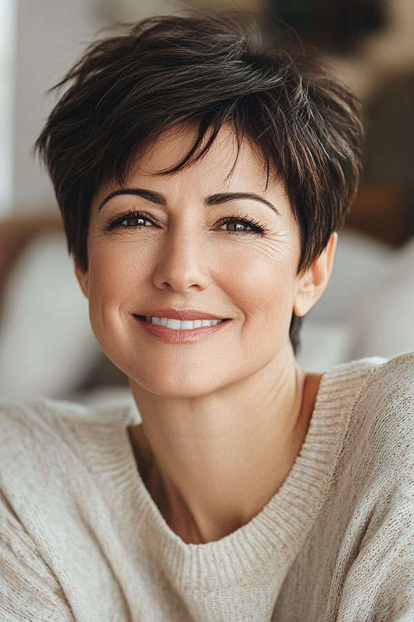 Effortlessly Tousled Choppy Pixie, low-maintenance choppy pixie haircut for women over 50