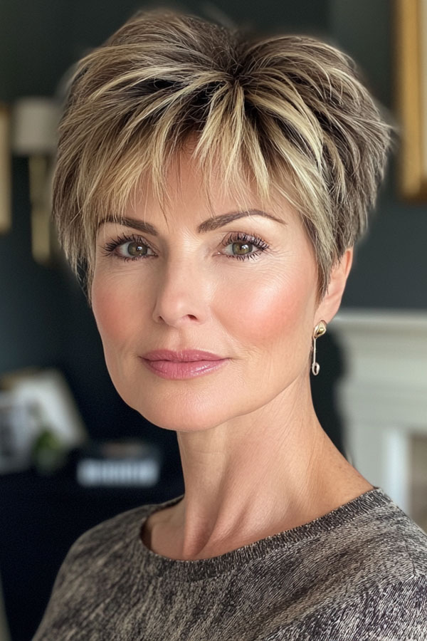 Elegant Ash Blonde Choppy Pixie, low-maintenance choppy pixie haircut for women over 50