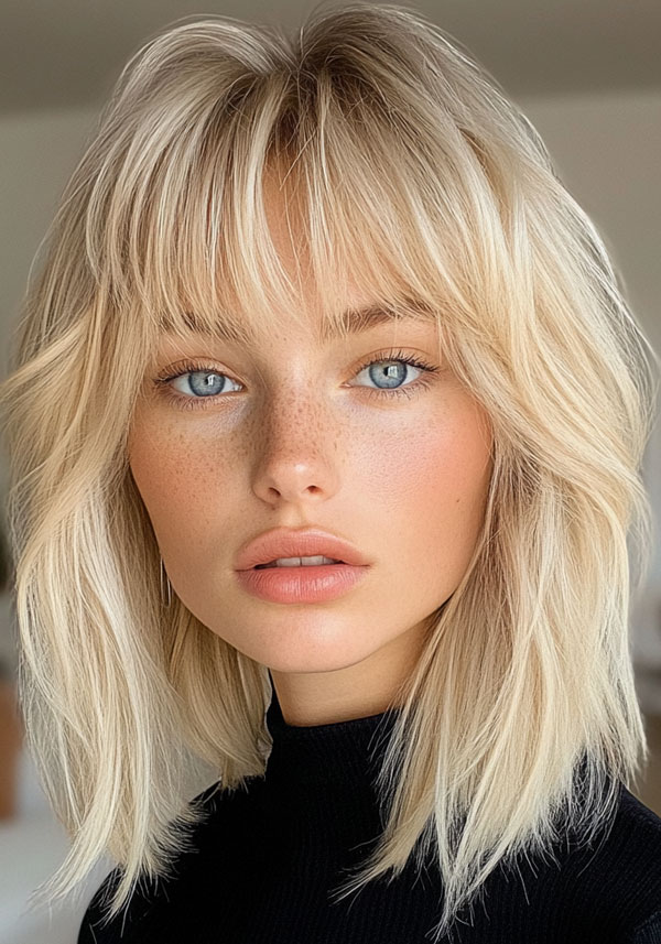 Feathered Layers with Soft Bangs, shoulder length shag with bangs, shoulder length haircut with fringe