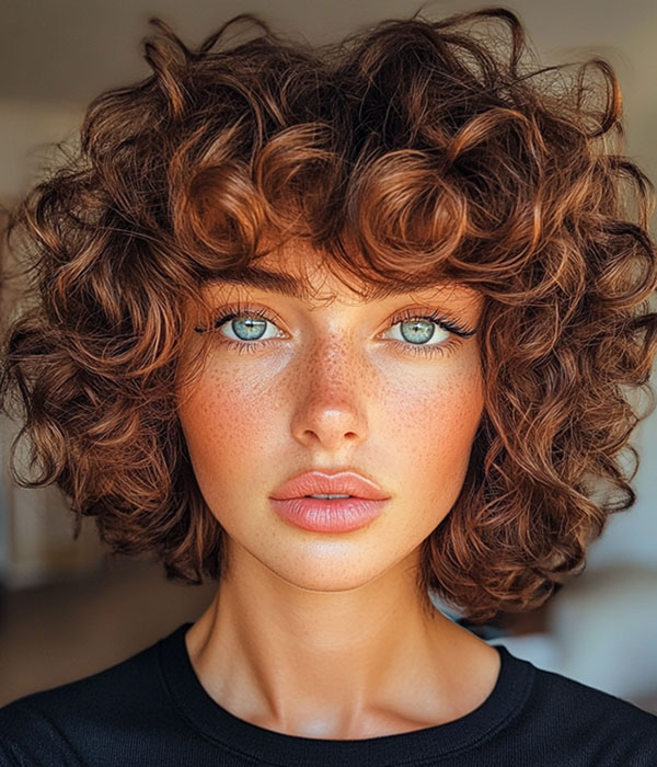 Fiery Auburn Curls with Soft Bangs, curly hairstyle with bangs