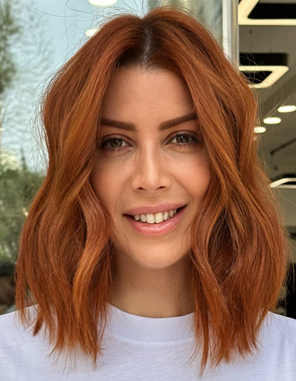 Fiery Red Bob with Loose Waves, long bob haircut, shoulder length bob hairstyle