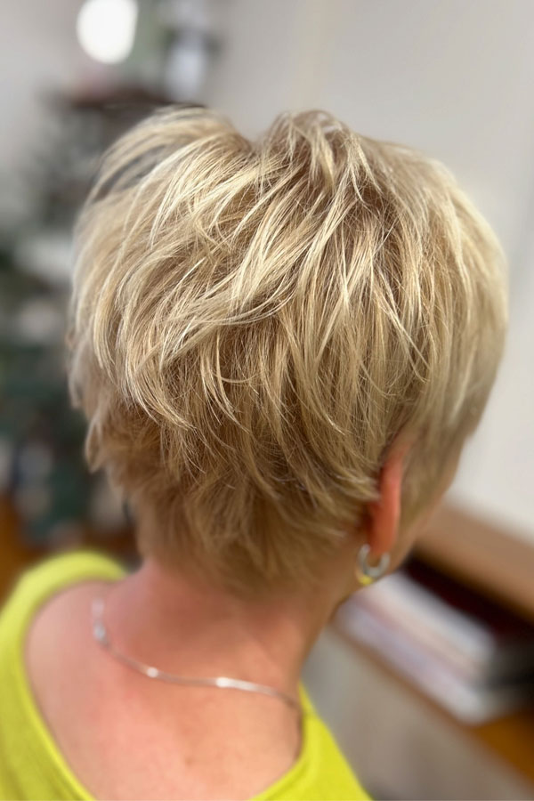 Golden Blonde Choppy Pixie, low-maintenance choppy pixie haircut for women over 50