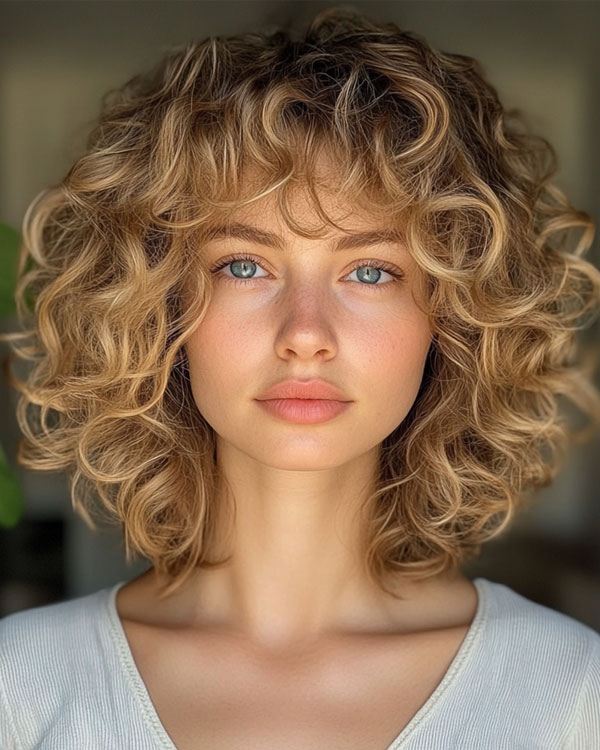 Golden Blonde Curls with Soft Bangs, natural curly hair with fringe