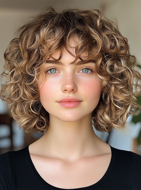 Golden Blonde Curls with Wispy Bangs, curly haircut with fringe, curly hairstyle with bangs