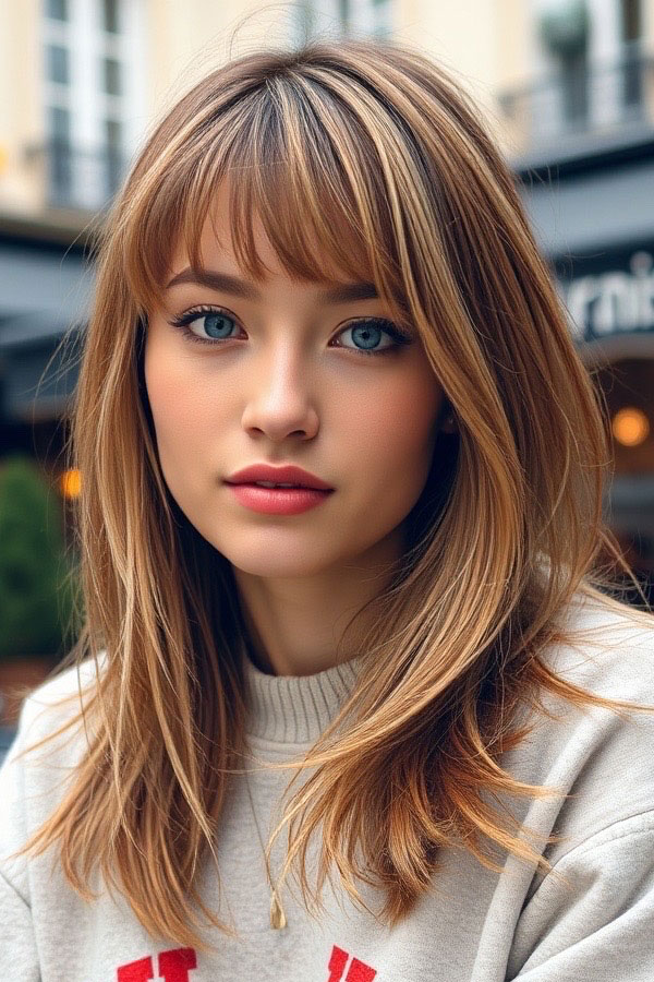 Golden Blonde Layers with Soft Bangs, shoulder length haircut with fringe