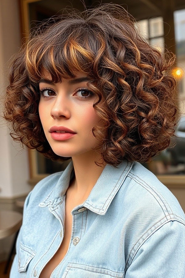 Golden Highlights on Defined Curls, curly hairstyle with bangs