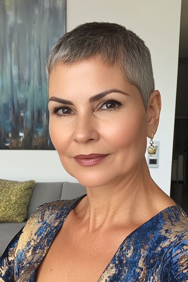 Grey Bold Buzz Cut, buzz haircut for women over 50, , pixie haircut for women over 50