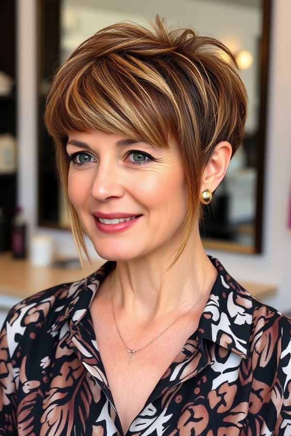 Honey Blonde Choppy Layered Pixie, layered pixie haircut for women over 50