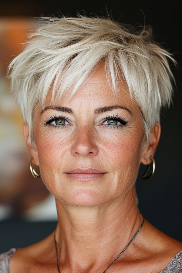 Ice Blonde Choppy Pixie, low-maintenance choppy pixie haircut for women over 50