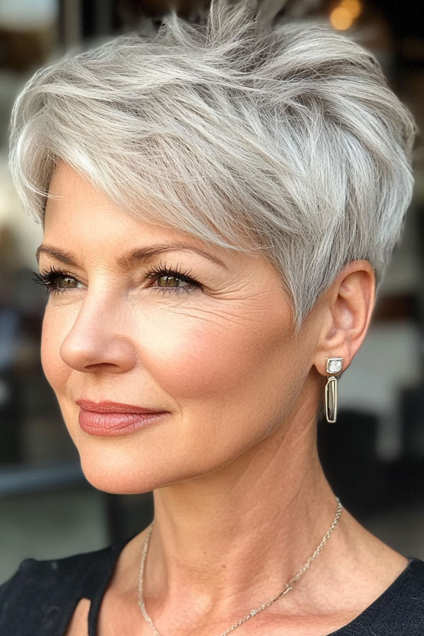 Icy Blonde Choppy Pixie, low-maintenance choppy pixie haircut for women over 50