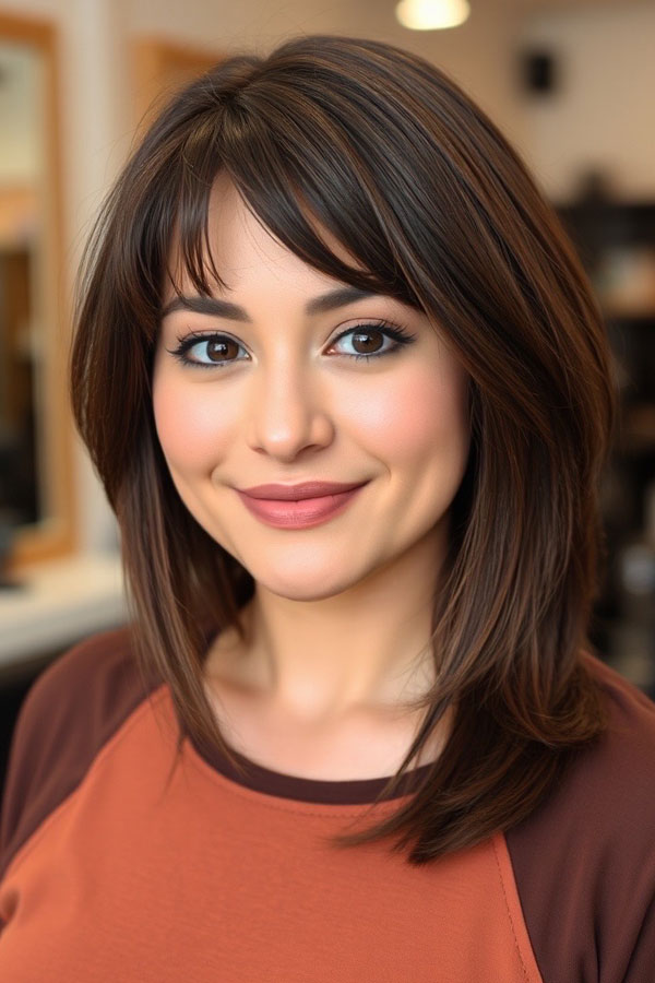 Layered Brunette Bob with Side-Swept Bangs, shoulder length haircut