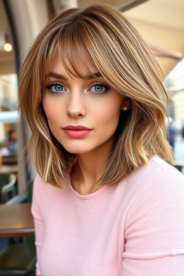 Layered Lob with Curtain Bangs, shoulder length shag with bangs, shoulder length haircut with fringe