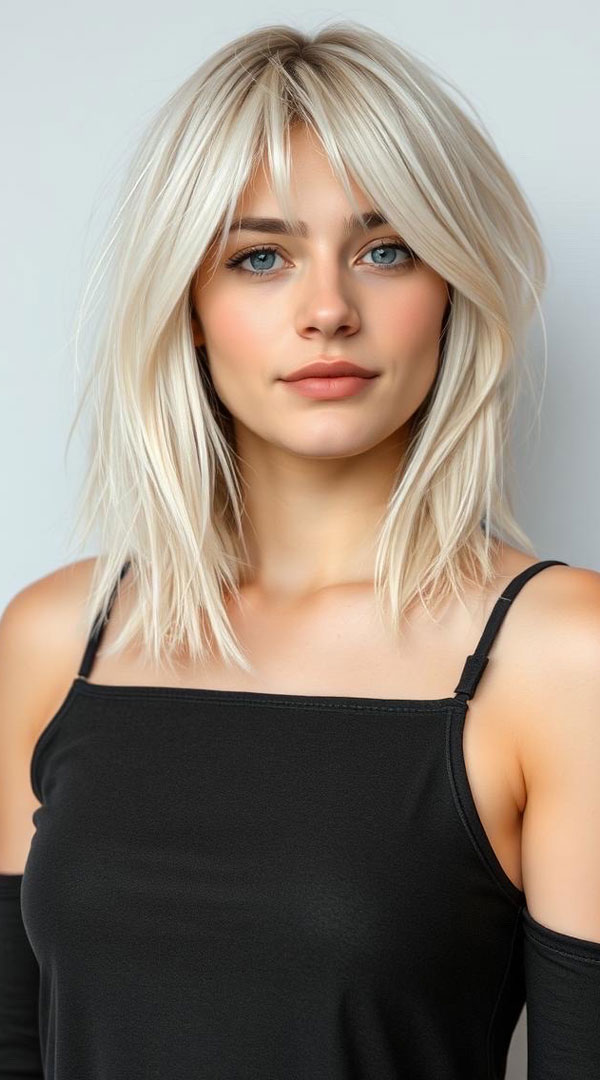 Layered Platinum Lob with Curtain Bangs, shoulder length haircut with fringe