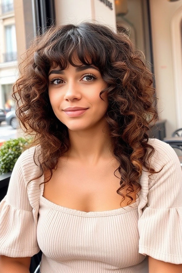 Long Cascading Curls with Full Bangs, curly haircut with fringe, curly hairstyle with bangs