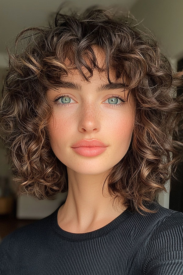 Messy Textured Curls with Wispy Bangs, natural curly hair with fringe