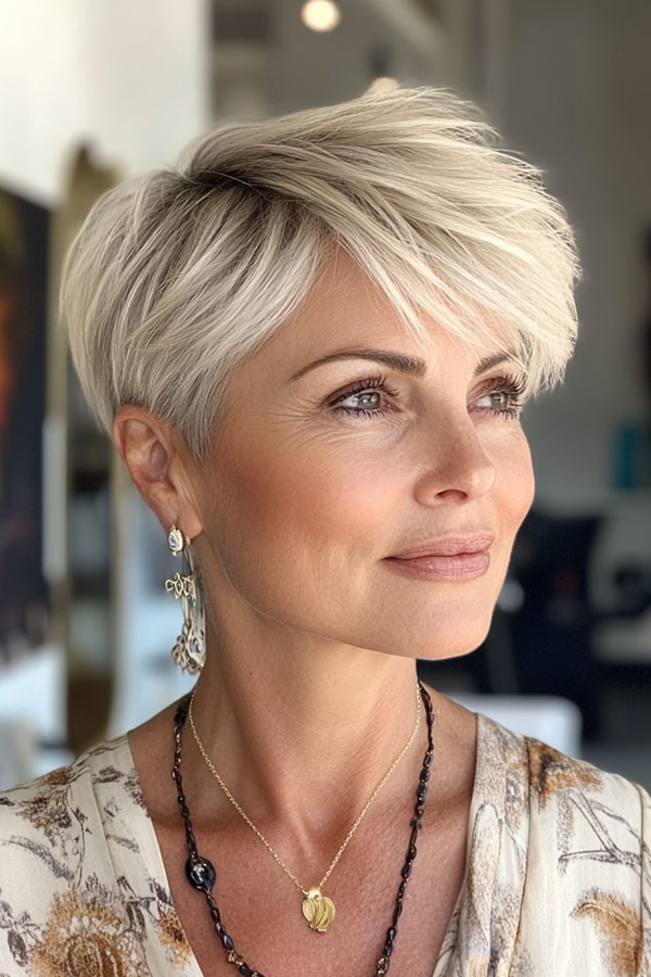 Platinum Blonde Side-Swept Pixie, pixie haircut for women over 50 