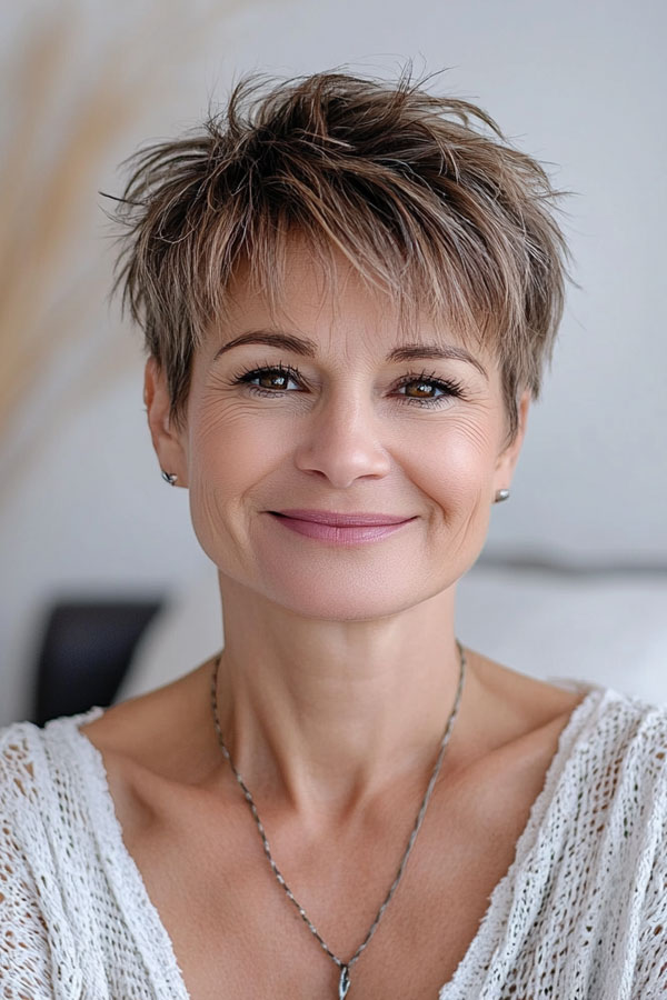 Playful Ash Brown Choppy Pixie, low-maintenance choppy pixie haircut for women over 50