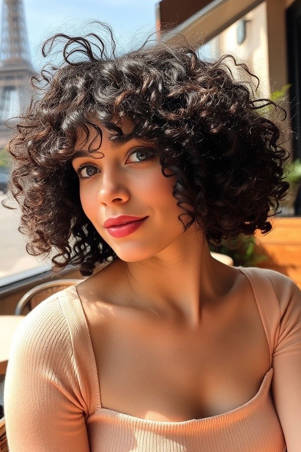 Playful Curly Bob with Flirty Bangs, curly haircut with fringe, curly hairstyle with bangs