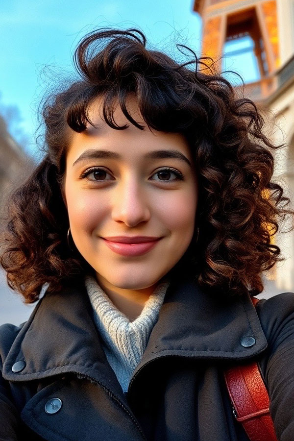 Playful Curly Bob with Wispy Bangs, natural curly hair with bangs