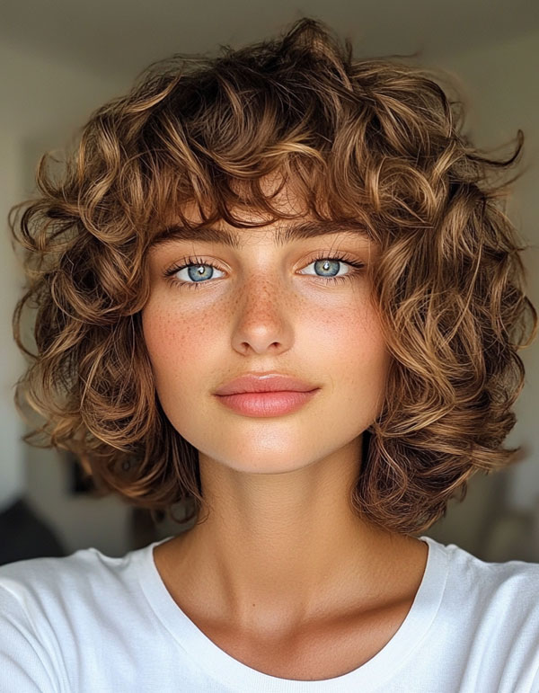 Playful Light Brown Curls with Wispy Bangs, curly haircut with fringe, curly hairstyle with bangs