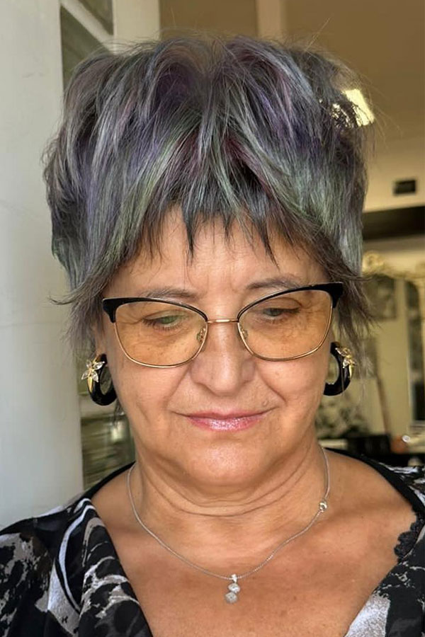 Playful Multi-Toned Choppy Pixie, layered pixie haircut for women over 50