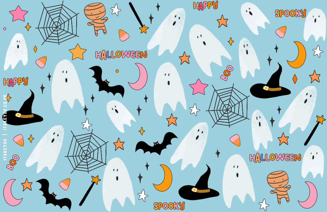 Preppy Halloween Fun Pastel Blue Wallpaper for Desktop or Laptop, Halloween wallpaper, preppy Halloween wallpaper