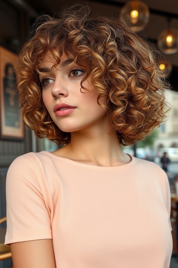 Rich Auburn Curls with Subtle Highlights, natural curly hair with bangs