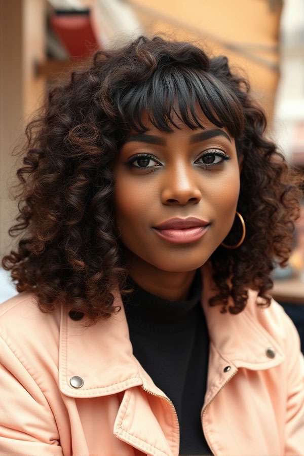 Rich Brown Curls with Feathered Bangs, natural curly hair with bangs