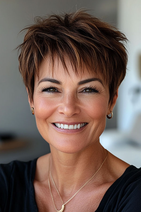 Rich Brown with Hints of Auburn Pixie, low-maintenance choppy pixie haircut for women over 50