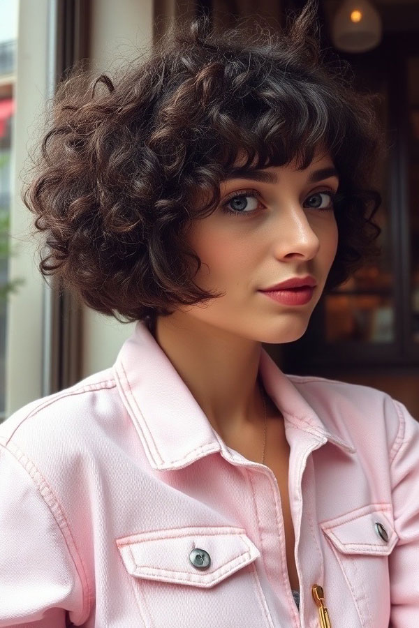 Rich Dark Brown Curly Bob with Bangs, natural curly hairstyle, curly bob haircut