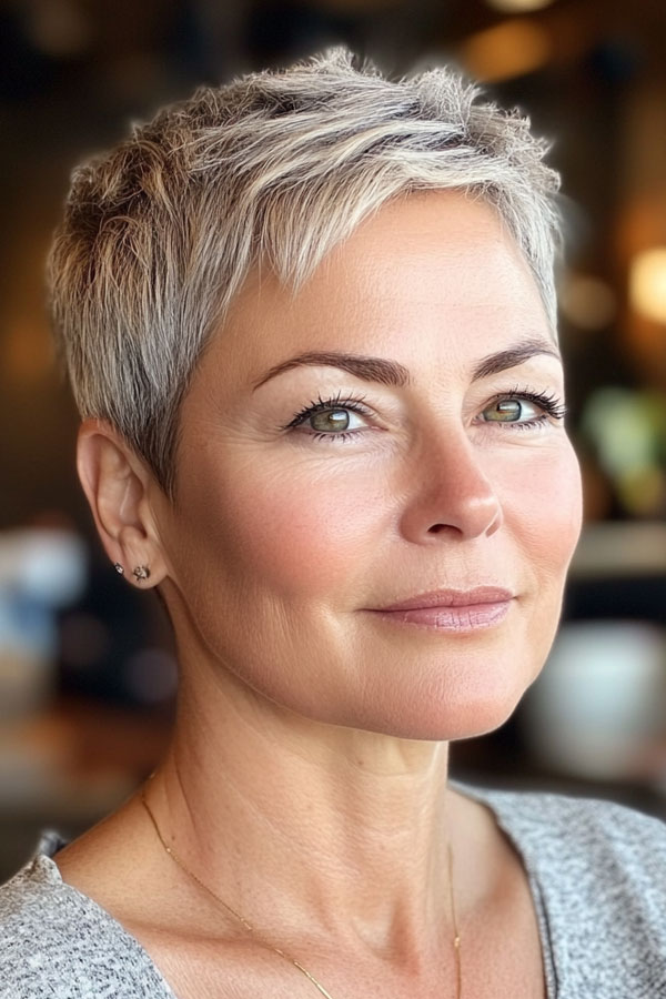 Short Textured Silver Pixie, pixie haircut for women over 50 