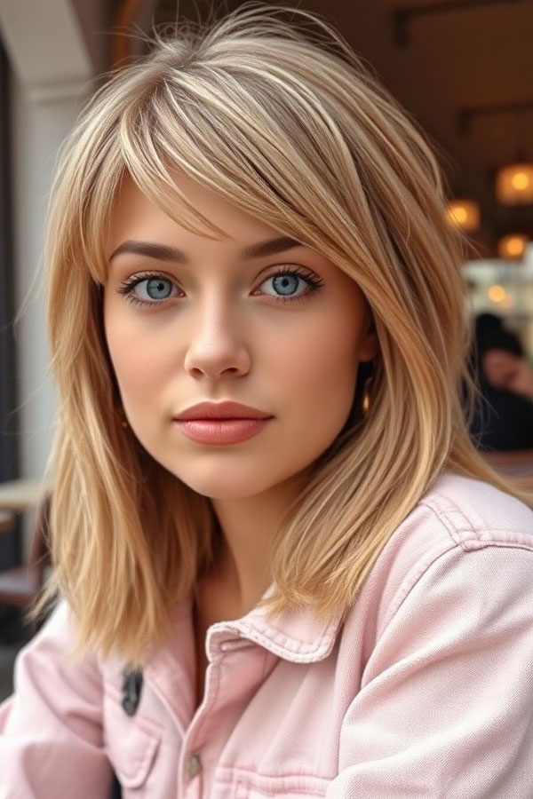 Side-Swept Bangs with Soft Layers, shoulder length shag with bangs, shoulder length haircut with fringe