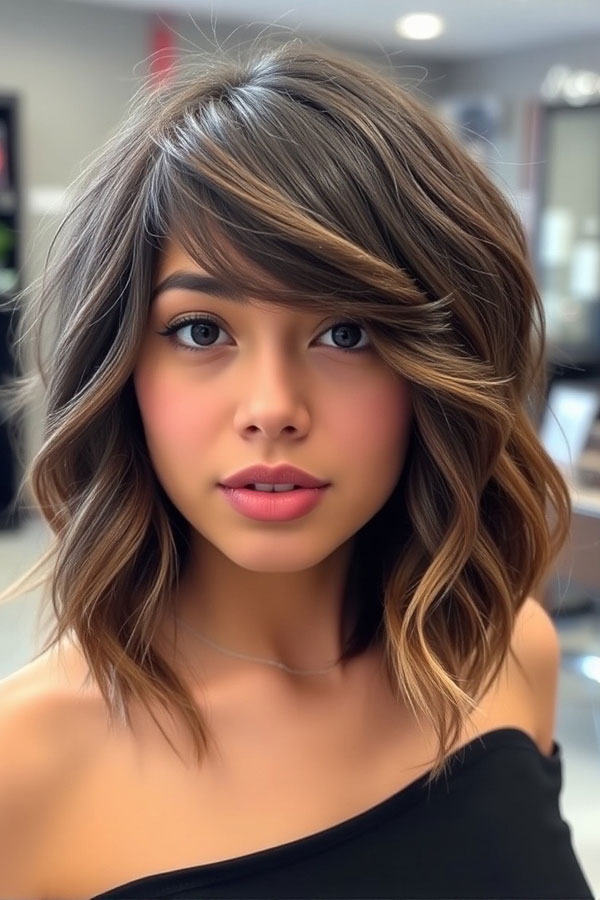 Side-Swept Layers with Subtle Highlights, shoulder length haircut with bangs