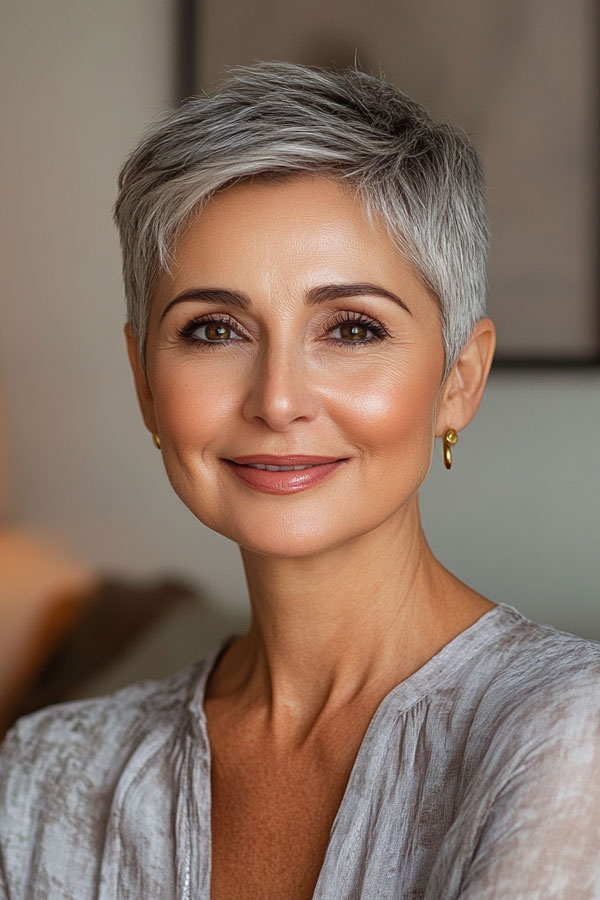 Silver Cropped Layered Pixie, pixie haircut for women over 50