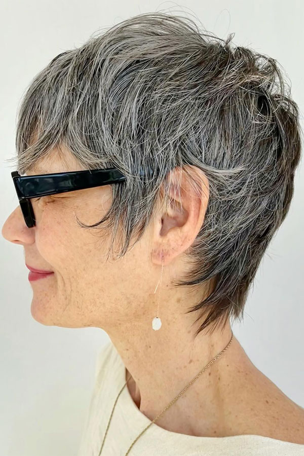 Silver-Grey Choppy Pixie, low-maintenance choppy pixie haircut for women over 50