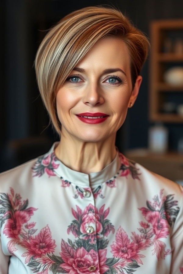 Sleek Asymmetrical Bob, short haircut for women over 50