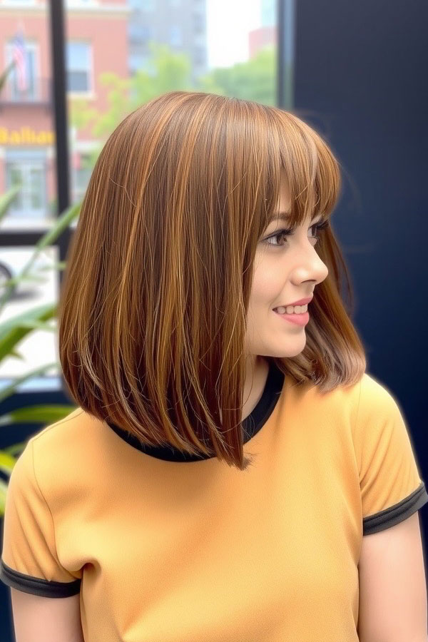 Sleek Auburn Bob with Full Bangs, long bob with bangs, shoulder length haircut with fringe