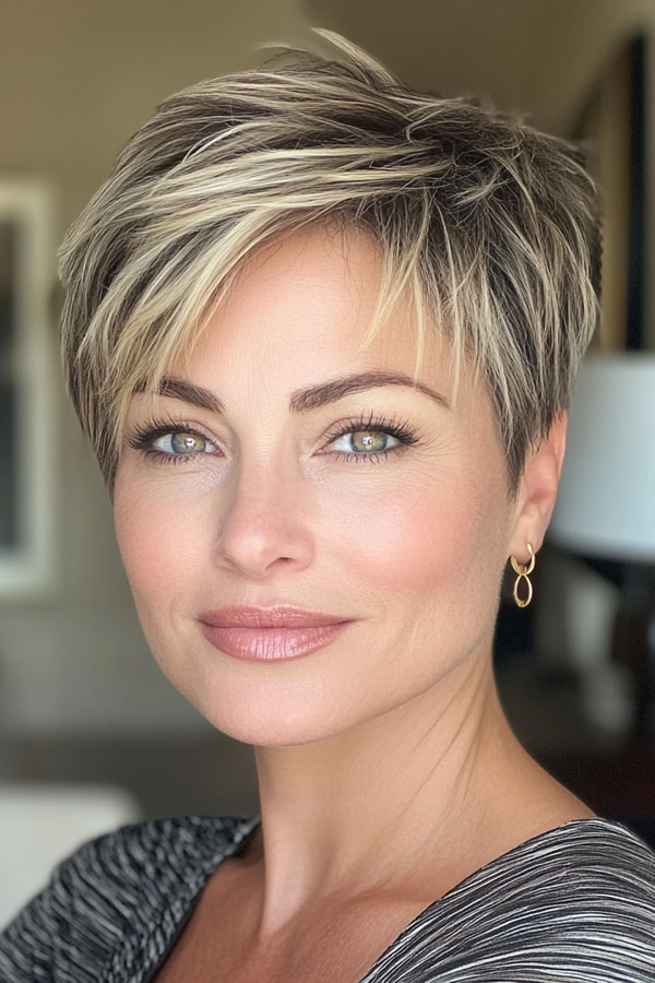 Sleek Blonde Choppy Pixie for Women over 50, low-maintenance choppy pixie haircut for women over 50