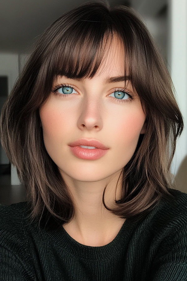 Sleek Brunette Bob with Blunt Bangs, shoulder length haircut with bangs