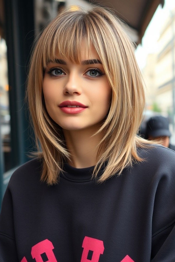 Sleek Layered Bob with Blunt Bangs, shoulder length haircut with fringe