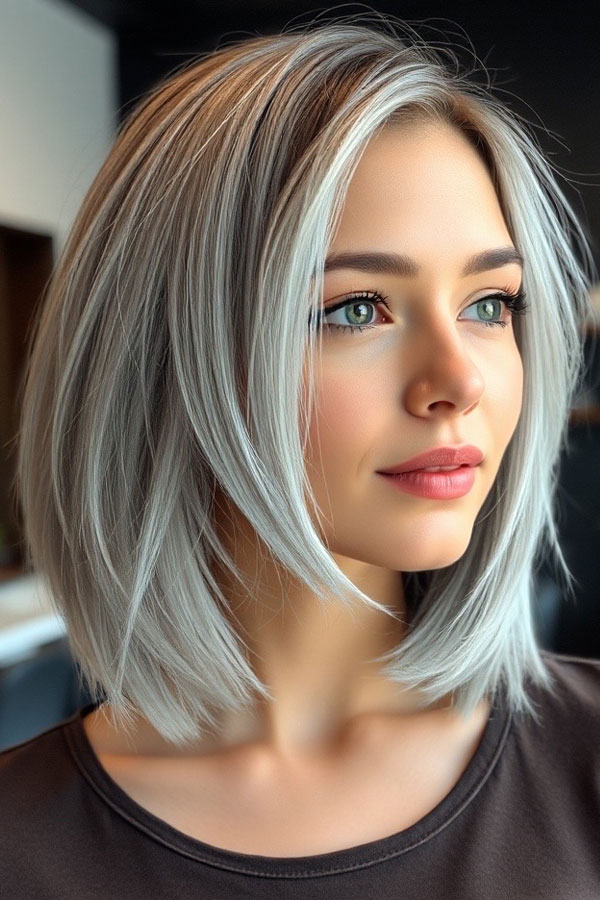 Sleek Silver Bob with Soft Layers, shoulder length bob haircut 