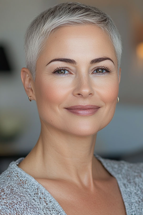 Sleek Silver Buzz Cut, buzz haircut for women over 50