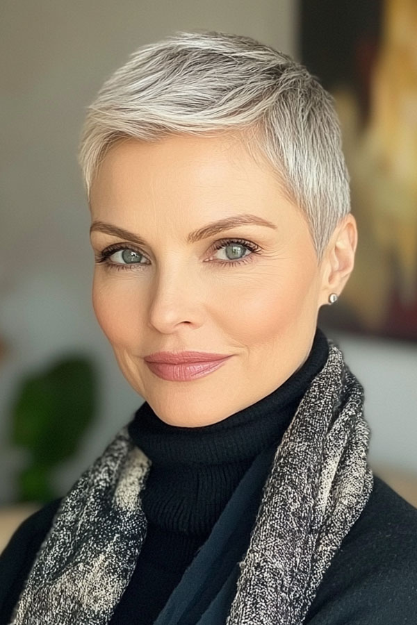 Sleek Silver Pixie Cut, pixie haircut for women over 50