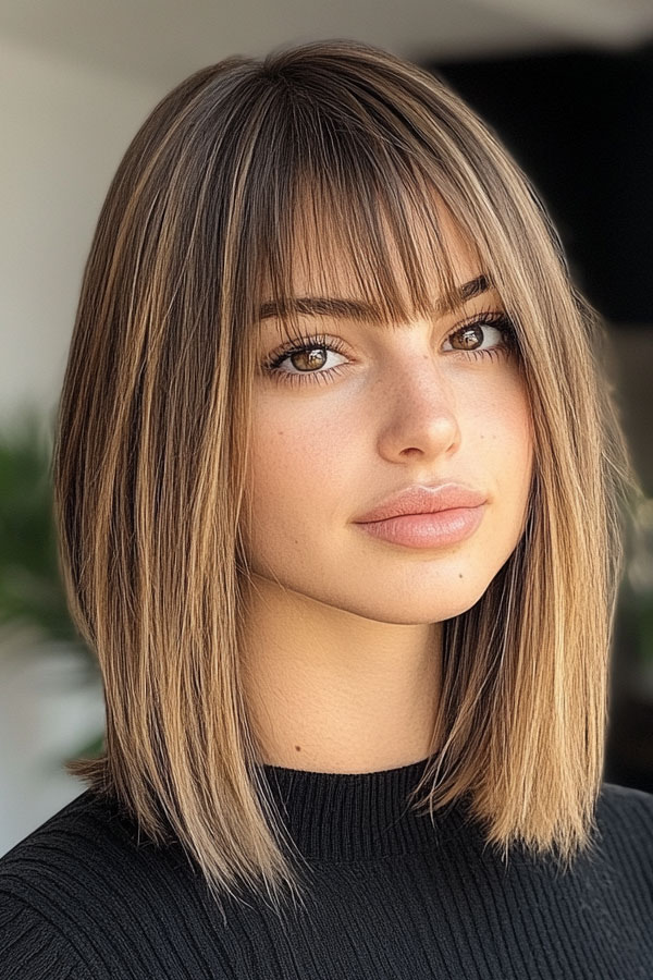 Sleek Straight Lob with Blunt Bangs, shoulder length haircut with fringe