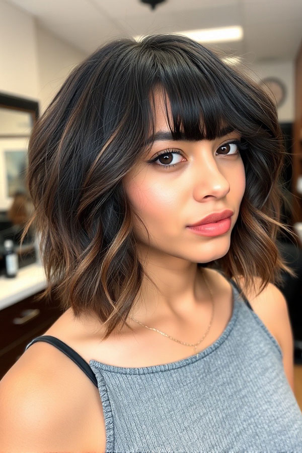 Sleek Wavy Bob with Blunt Bangs, shoulder length haircut with fringe