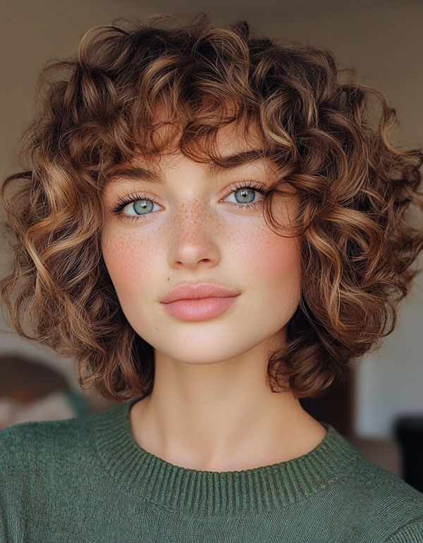 Soft Blonde Curls with Textured Bangs, curly haircut with fringe, curly hairstyle with bangs