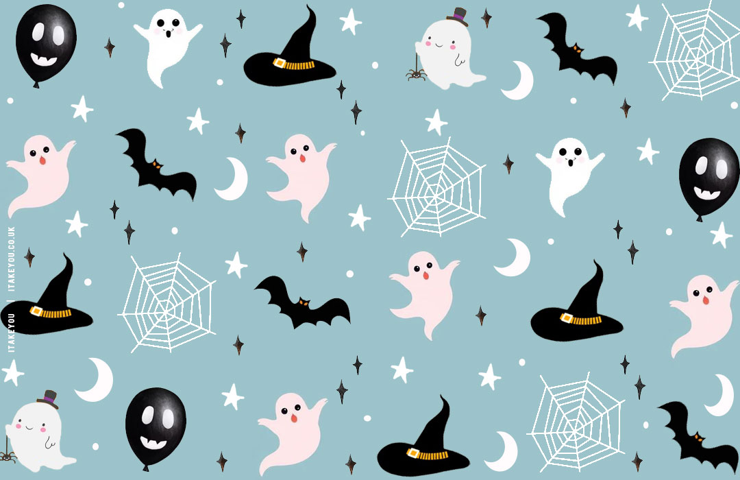 Soft Blue Background Playful Preppy Halloween Wallpaper, blue halloween wallpaper