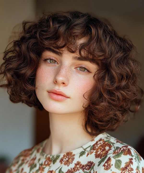 Soft Chestnut Curls with Gentle Bangs, curly haircut with fringe, curly hairstyle with bangs