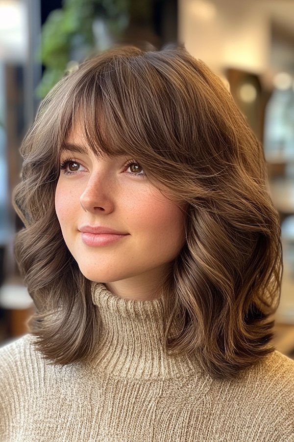 Soft Curls with Curtain Bangs, shoulder length haircut with fringe