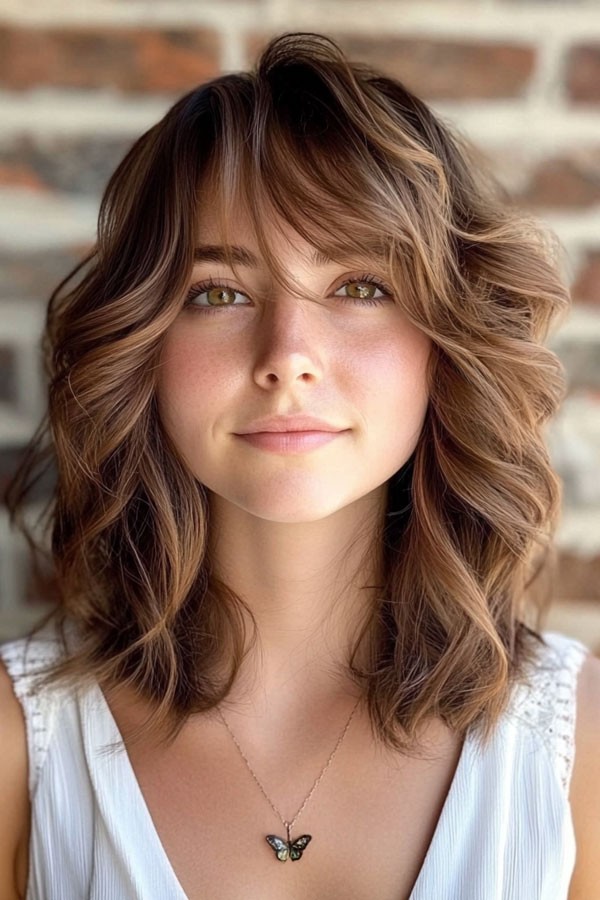 Soft Curls with Side-Swept Bangs, shoulder length haircut with fringe